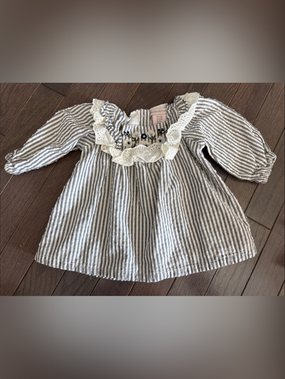 Striped Peasant Dress with Eyelet Ruffle & Embroidery - Gray & White